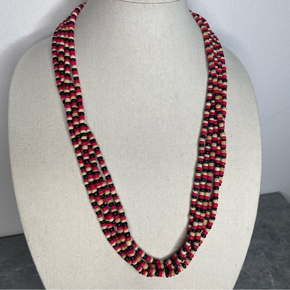 Vintage 1980's Wooden Beaded Necklace Black, Cream,‎ Red Five Strands - Picture 2 of 12